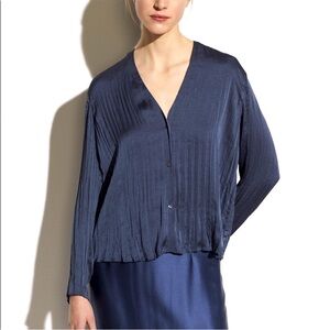 VINCE Pleats Please Blouse Top Plissé V Neck Button-Up Pleated Crushed Crinkle